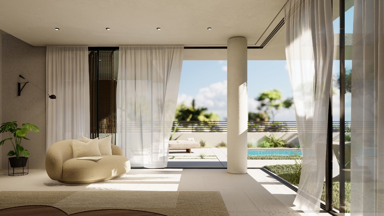 Living room with curtains hanging from a recessed track in the ceiling