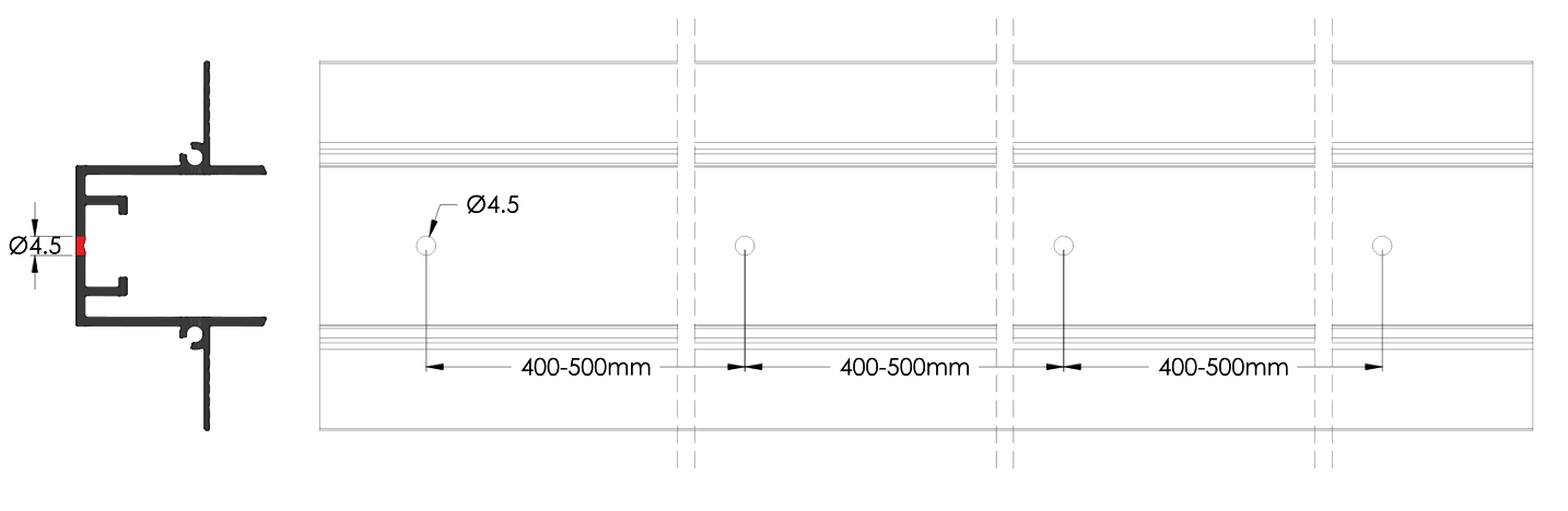 Fixing holes Ø4.5 mm through the top of the profile, every 400–500 mm.